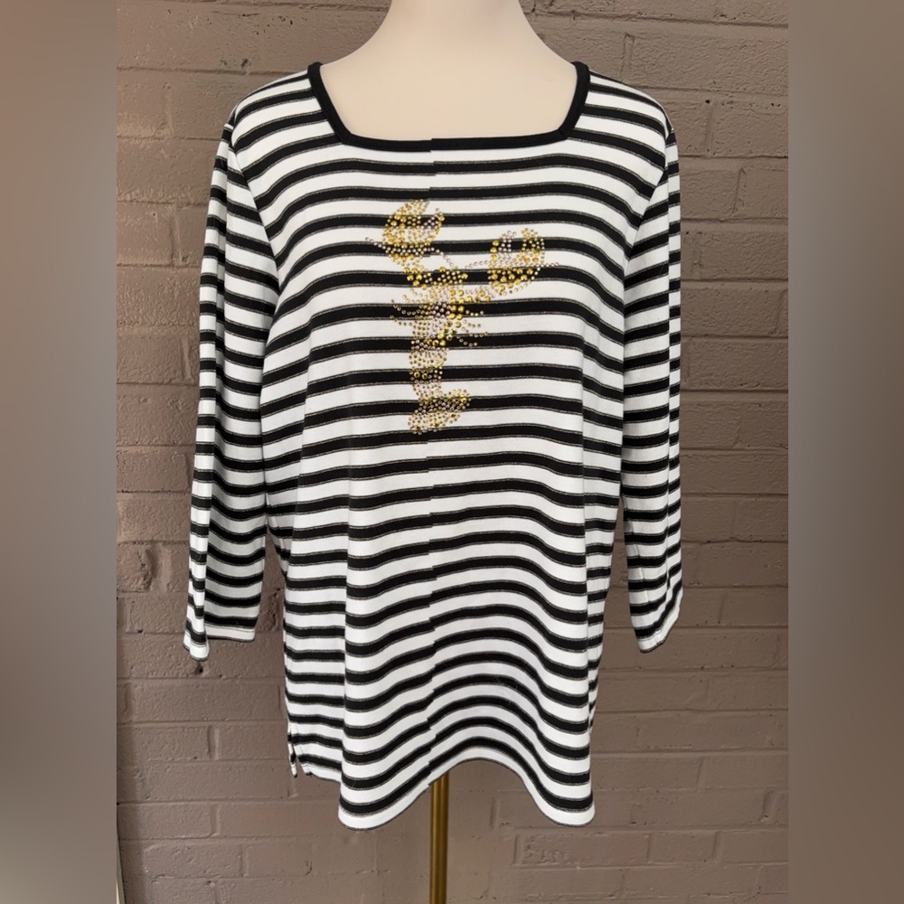 Quaker Factory black & white stripe beaded Lobster 🦞 top L